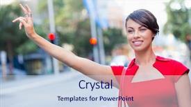  Presentation with taxi - Theme having businesswoman trying to catch a taxi background and a sky blue colored foreground