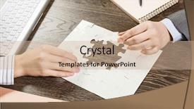  Presentation with solution - Slides with businesswoman two jigsaw pieces - finally finding solution background and a  colored foreground