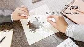  Presentation with finding purpose in life - Presentation design enhanced with businesswoman two jigsaw pieces - finally finding solution background and a  colored foreground