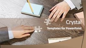  Presentation with solution - Theme featuring businesswoman two jigsaw pieces - finally finding solution background and a coral colored foreground