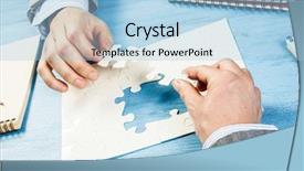  Presentation with finding purpose - Cool new PPT layouts with businesswoman two jigsaw pieces - finally finding solution backdrop and a light blue colored foreground