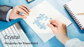  Presentation with finding international jobs - Beautiful theme featuring businesswoman two jigsaw pieces - finally finding solution backdrop and a  colored foreground