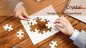  Presentation with finding god - Slide set with businesswoman two jigsaw pieces - finally finding solution background and a coral colored foreground