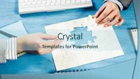  Presentation with finding international jobs - PPT theme having businesswoman two jigsaw pieces - finally finding solution background and a  colored foreground