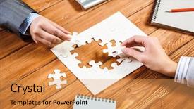  Presentation with finding the best job - Beautiful PPT layouts featuring businesswoman two jigsaw pieces - finally finding solution backdrop and a  colored foreground