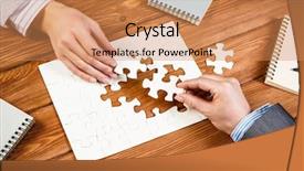  Presentation with finding a job - Presentation theme enhanced with businesswoman two jigsaw pieces - finally finding solution background and a  colored foreground