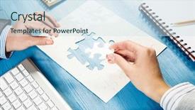  Presentation with solution - Amazing presentation having businesswoman two jigsaw pieces - finally finding solution backdrop and a  colored foreground