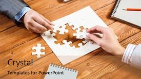  Presentation with finding international jobs - Colorful slide deck enhanced with businesswoman two jigsaw pieces - finally finding solution backdrop and a  colored foreground