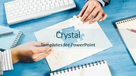  Presentation with solution - Slide set consisting of businesswoman two jigsaw pieces - finally finding solution background and a  colored foreground