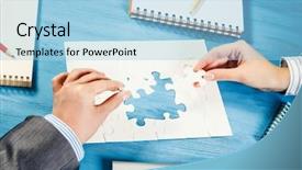  Presentation with gold rush finding panning - PPT theme enhanced with businesswoman two jigsaw pieces - finally finding solution background and a  colored foreground