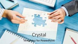  Presentation with solution - Presentation design consisting of businesswoman two jigsaw pieces - finally finding solution background and a  colored foreground