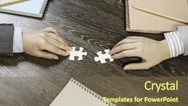  Presentation with solution - PPT layouts having businesswoman two jigsaw pieces - finally finding solution background and a  colored foreground