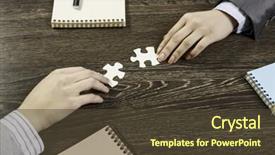  Presentation with solution - Slide set consisting of businesswoman two jigsaw pieces - finally finding solution background and a  colored foreground