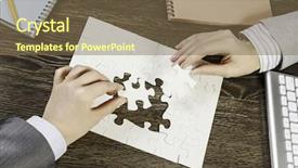  Presentation with finding purpose in life - Slide set with businesswoman two jigsaw pieces - finally finding solution background and a  colored foreground