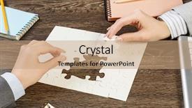  Presentation with finding a job - Colorful presentation design enhanced with businesswoman two jigsaw pieces - finally finding solution backdrop and a  colored foreground