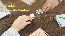  Presentation with finding purpose - Cool new slide deck with businesswoman two jigsaw pieces - finally finding solution backdrop and a  colored foreground