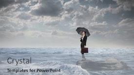  Presentation with under umbrella - Audience pleasing slide deck consisting of middle of a slight sea backdrop and a light gray colored foreground