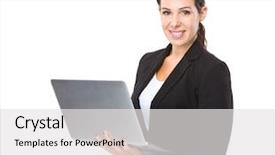  Presentation with computer - Audience pleasing theme consisting of businesswoman use of laptop computer backdrop and a  colored foreground