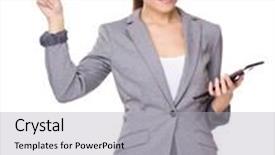  Presentation with finger point - Colorful PPT layouts enhanced with businesswoman use of tablet and finger point up backdrop and a light gray colored foreground