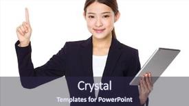  Presentation with finger point - Beautiful slides featuring businesswoman use of tablet and finger point up backdrop and a wine colored foreground