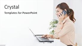  Presentation with asian war - Beautiful PPT layouts featuring businesswoman using a laptop computer backdrop and a white colored foreground