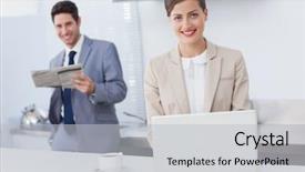  Presentation with newspaper laptop - Presentation theme consisting of businesswoman using a laptop while having breakfast while her husband is reading a newspaper behind background and a light gray colored foreground