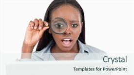  Presentation with blonde holds a magnifying glass - Colorful PPT theme enhanced with businesswoman using a magnifying glass backdrop and a sky blue colored foreground