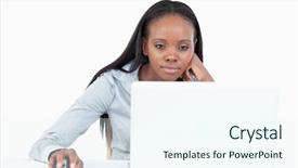  Presentation with notebook - Slide deck consisting of businesswoman using a notebook against a white background background and a sky blue colored foreground