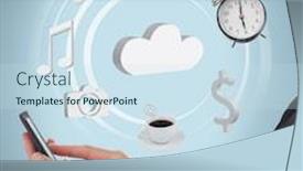  Presentation with mobile computing - Presentation design featuring businesswoman using applications on mobile phone and cloud computing on blue background background and a sky blue colored foreground