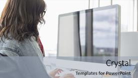  Presentation with desktop - Audience pleasing presentation theme consisting of businesswoman using desktop computer backdrop and a light blue colored foreground