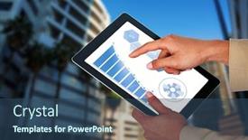  Presentation with city buildings - Theme featuring businesswoman using digital tablet against buildings in city background and a ocean colored foreground