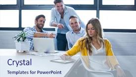  Presentation with using digital tablet - Slides enhanced with businesswoman using digital tablet while male colleagues laughing in background at creative office background and a sky blue colored foreground