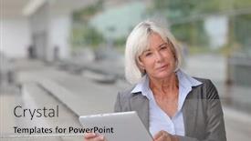  Presentation with electronic - Amazing PPT layouts having businesswoman using electronic tablet outside airport backdrop and a light gray colored foreground