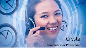  Presentation with international business - Cool new PPT theme with time zones map - smiling businesswoman using headset backdrop and a  colored foreground