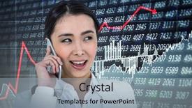  Presentation with shares - PPT layouts consisting of businesswoman using her smart phone against stocks and shares background and a light blue colored foreground