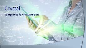  Presentation with skills - Audience pleasing PPT theme consisting of businesswoman using her tablet against sphere of skills backdrop and a sky blue colored foreground