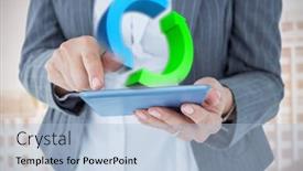  Presentation with tall buildings - Beautiful presentation theme featuring businesswoman using her tablet against tall buildings with bright light backdrop and a light blue colored foreground