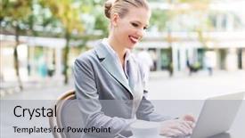  Presentation with recipe chocolate cafe - PPT theme featuring businesswoman using laptop at cafe background and a  colored foreground