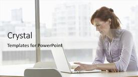 Presentation with office desk reception - Beautiful slide deck featuring businesswoman using laptop at desk backdrop and a light gray colored foreground