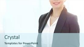  Presentation with laptop - Slide deck with businesswoman using laptop in office background and a cool aqua colored foreground