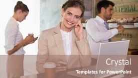  Presentation with cafeteria - Amazing presentation having businesswoman using laptop with colleagues behind in office cafeteria backdrop and a coral colored foreground