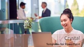  Presentation with laptop - PPT theme enhanced with businesswoman-using-laptop-working background and a coral colored foreground