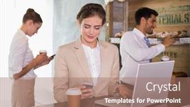  Presentation with cafeteria - PPT theme consisting of businesswoman using mobile phone and laptop with colleagues behind in office cafeteria background and a coral colored foreground