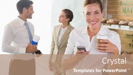  Presentation with cafeteria - Amazing presentation design having businesswoman using mobile phone with colleagues behind in office cafeteria backdrop and a coral colored foreground
