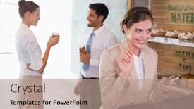  Presentation with cafeteria - Cool new slide deck with businesswoman using mobile phone with colleagues behind in office cafeteria backdrop and a coral colored foreground