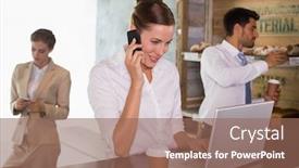  Presentation with cafeteria - Presentation with businesswoman using mobile phone and laptop with colleagues behind in office cafeteria background and a coral colored foreground