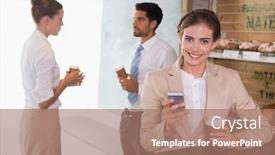  Presentation with cafeteria - Audience pleasing slide set consisting of businesswoman using mobile phone with colleagues behind in office cafeteria backdrop and a coral colored foreground