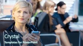  Presentation with smart building - PPT theme featuring businesswoman using smart mobile phone background and a ocean colored foreground