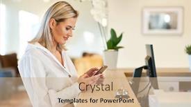  Presentation with front desk - PPT layouts with businesswoman-using-smartphone-at-hotel background and a coral colored foreground