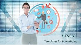  Presentation with tablet - Presentation design consisting of businesswoman using tablet pc against room with large window looking on city background and a sky blue colored foreground